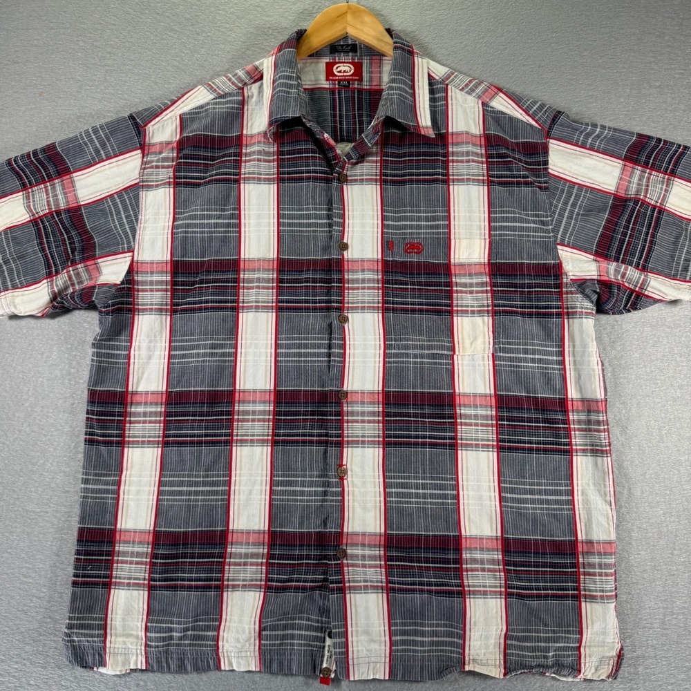 Vintage Ecko Unltd The Knute Button Up Shirt Men 2XL Blue Red Plaid Streetwear‎